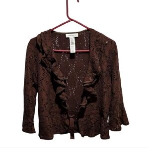 Y2K Nine West Brown Lace Ruffle Open Cardigan Knit Jacket Size Large